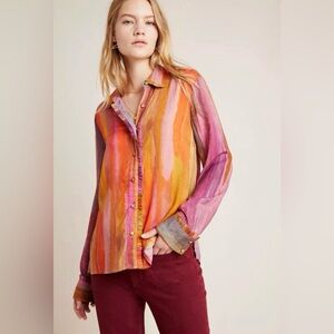 NWT Anthropologie Bl-nk Pink Sunset Watercolor Buttondown Blouse Size Medium
